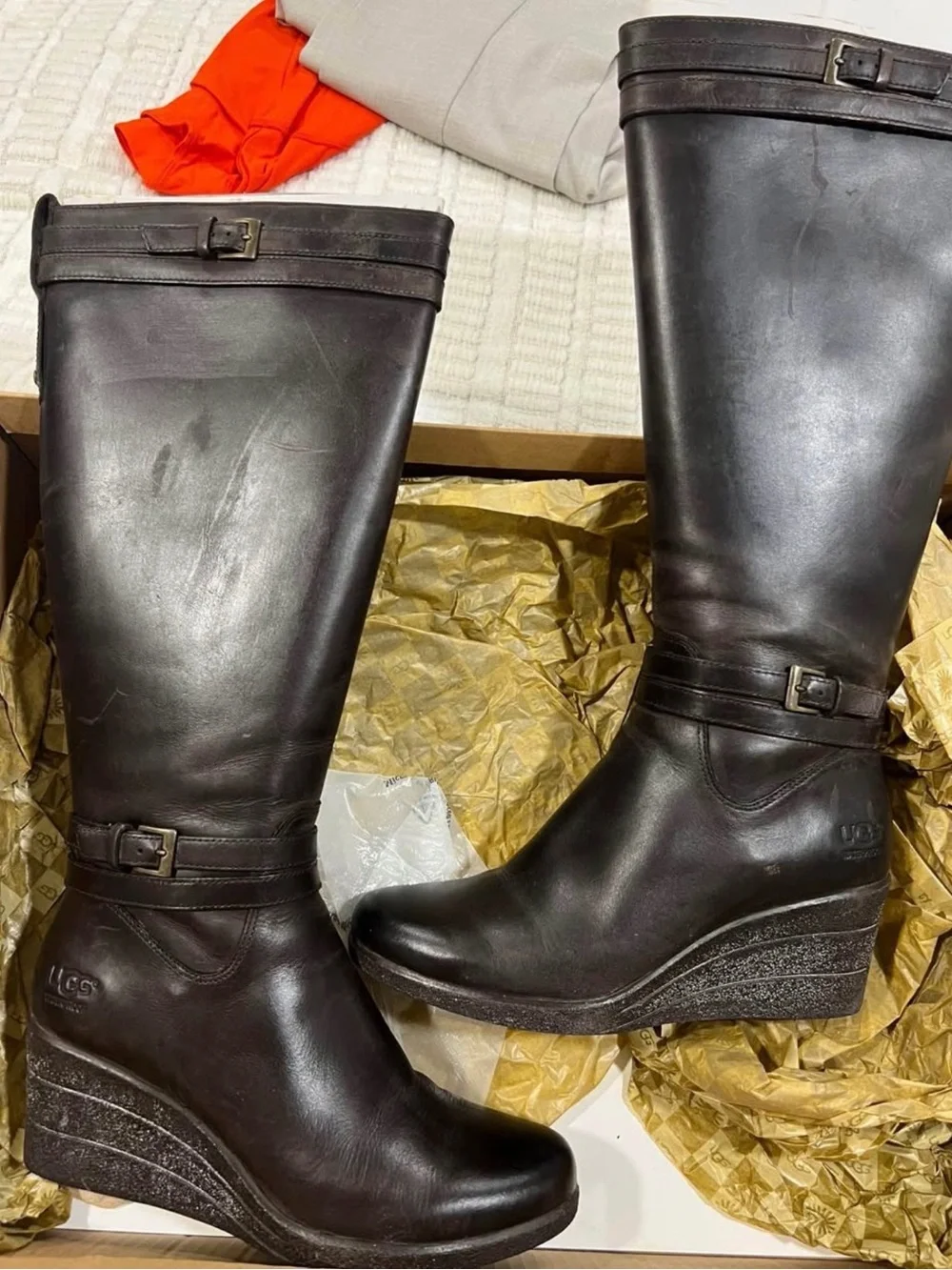 UGG Australia Irmah Tall Leather Wedge Boots Women’s Size 8 Brown knee high